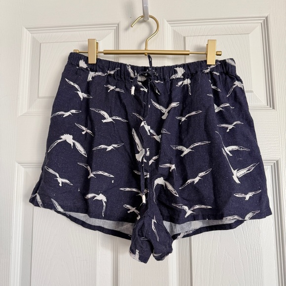 🐦 ANTHROPOLOGIE Celandine Linen Blend Drawstring Shorts Navy Blue w/ Bird Print - Picture 5 of 15